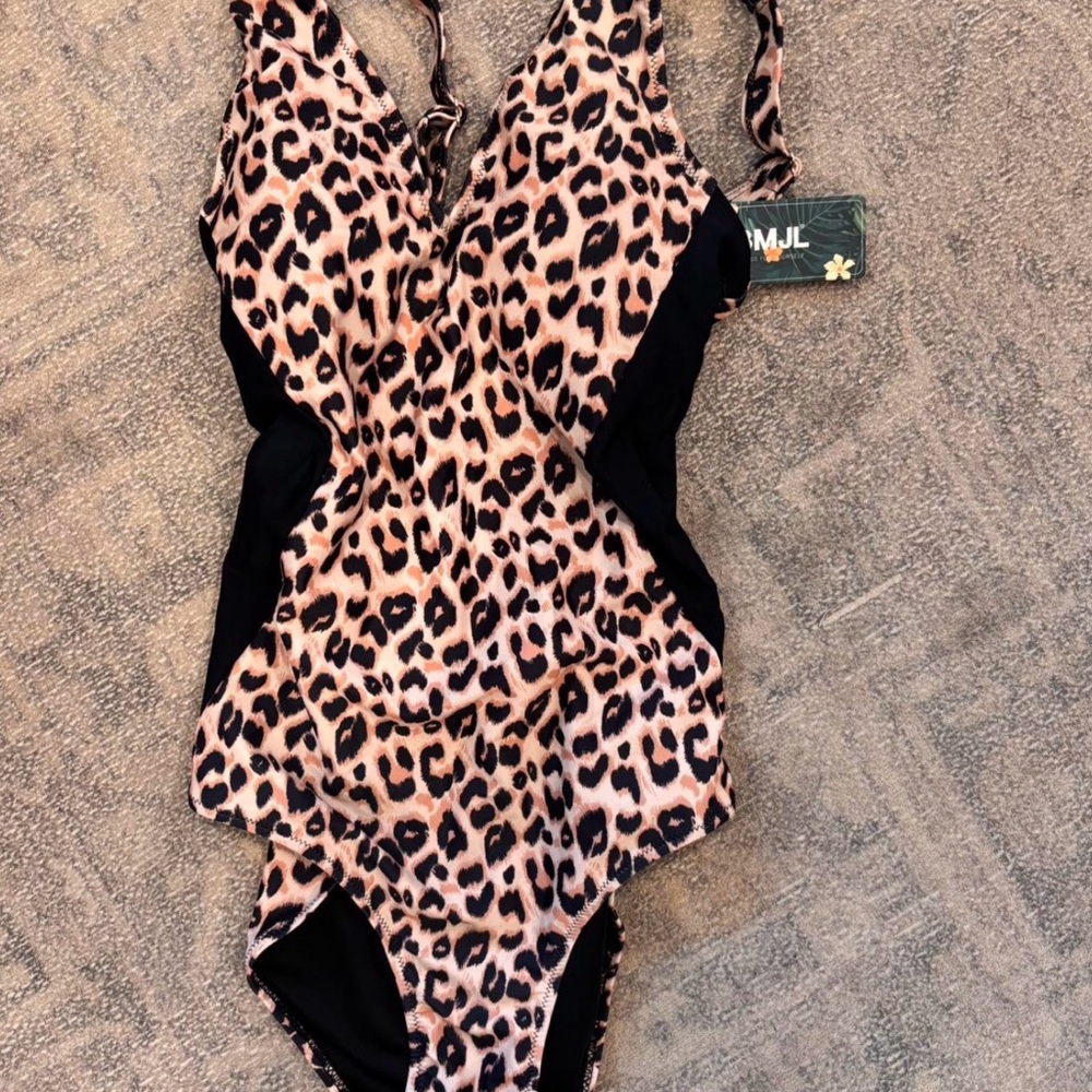 MJL Women’s Leopard Print One-Piece Swimsuit with Black Side Panels